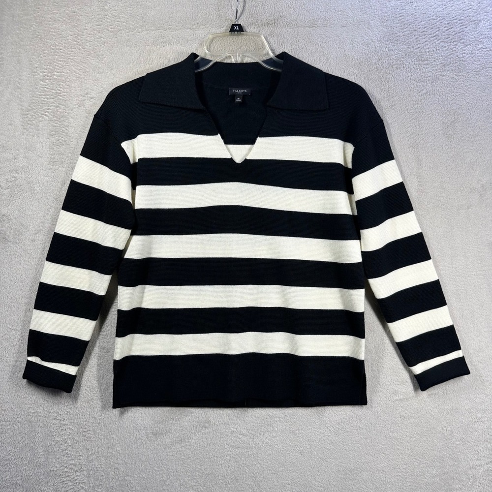 Talbots Striped Sweater Womens MP Black White Wool Blend Johnny Collar Pullover